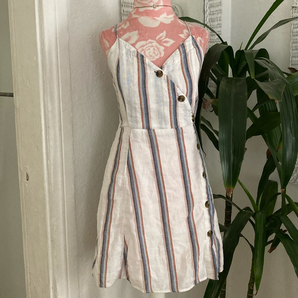 American eagle White Linen Cross Button Mini Dress